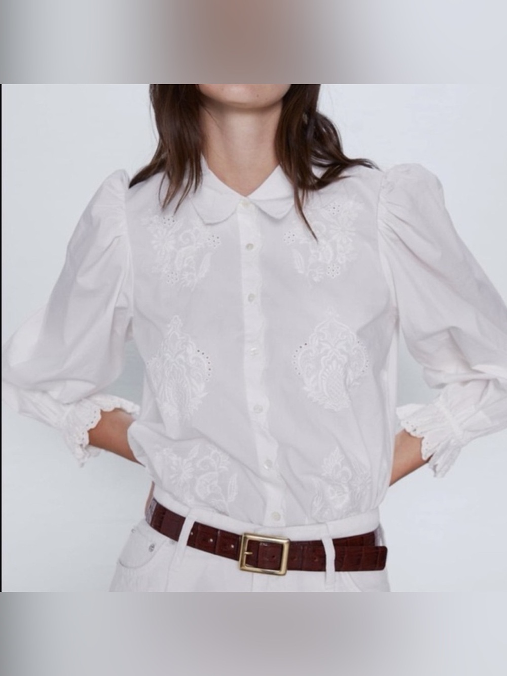 Zara White Puff Sleeve Embroidered Scallop Cotton Poplin Button Up Top Size M